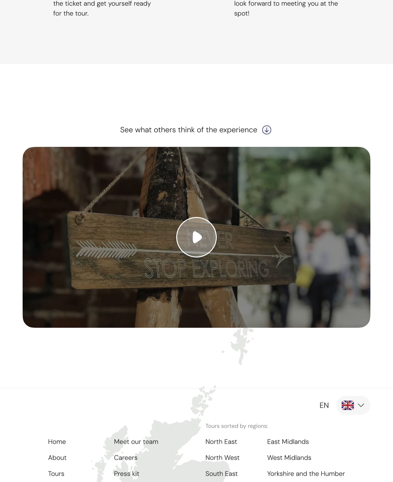 Homepage of a tour service site featuring hiking trails in England - video presentation section, tablet breakpoint.